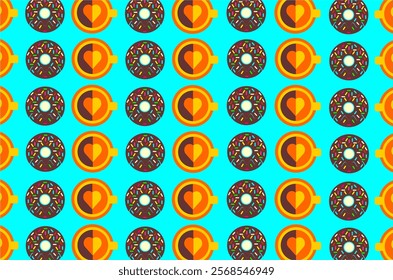 Coffee latte and donut pattern background. Coffee latte and donut seamless pattern background. Perfect for backdrop, wallpaper, textile, fabric, wrapping paper, packaging product and other needs.