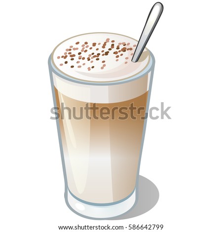 Coffee latte in glass cup isolated on a white background. Cartoon vector close-up illustration.
