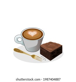 Coffee latte has brownies and spoons on the side.Isolated vector illustration on a white background.
