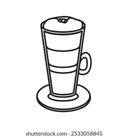 Coffee latte macchiato on glass cup. Espresso, steamed milk and foam. Hand drawn doodle.
