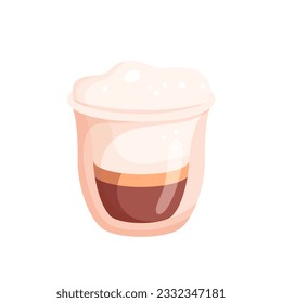 Coffee latte macchiato in shot glass vector illustration. Cartoon isolated cup of hot drink with layers of espresso coffee, caramel and whipped cream milk foam, layered sweet beverage with caffeine