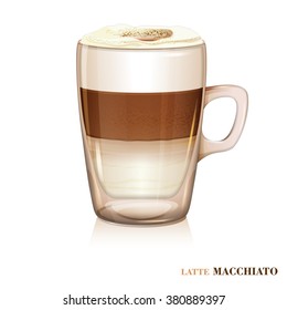 Coffee latte macchiato. Vector. Glass cup.