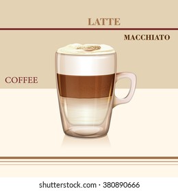 Coffee latte macchiato. Vector. Glass cup.