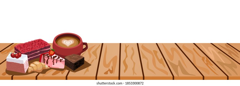 Coffee latte and many cakes on a wooden table.Vector illustration isolated on white background.

