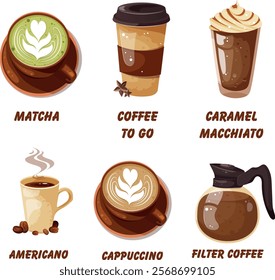 Coffee latte, matcha, filter coffee, cappuccino, hot drink in cup. Drink vector illustration design.