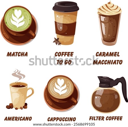 Coffee latte, matcha, filter coffee, cappuccino, hot drink in cup. Drink vector illustration design.