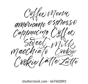 Coffee, Latte, Milk, Macchiato, Americano card. Ink illustration. Modern brush calligraphy. Isolated on white background.