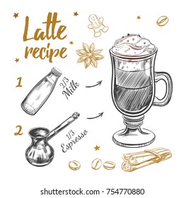 Coffee Latte Recipe. Cooking concept. Vector hand drawn illustration. Sketch style