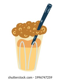 Coffee latte with straw and cream. Coffee and milk mixed in a clear glass. Perfect for cafes restaurants and printing. Hand draw Vector flat illustration.