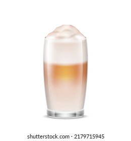Coffee latte in transparent glass cup. Fresh hot coffeelatte beverage in mug isolated on white background. Coffee with milk drink for morning, breakfast element. 3d vector illustration