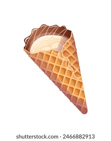 Coffee Latte in a waffle cone with chocolate, original edible container. New food trend. Edible eco-friendly cup. Vector illustration in realistic style.