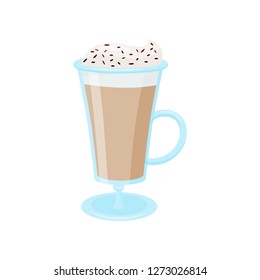 Coffee latte with whipped cream. Glass mug of tasty drink. Delicious beverage. Flat vector design