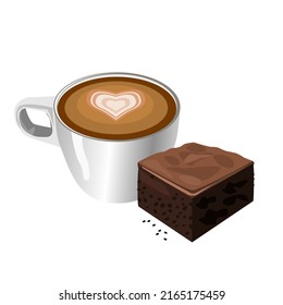 Coffee latte in a white ceramic cup with brownies placed on the sides.Vector illustration isolated on white background.Can be used for logo, icon, restaurant menu, packaging, and graphic.