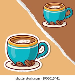 Coffee leaf foam with beans cartoon, sticker design.