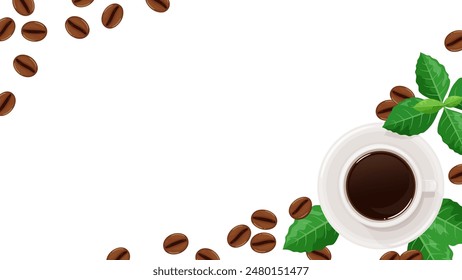 Coffee, leaves and coffee beans frame seen from directly above_16:9
