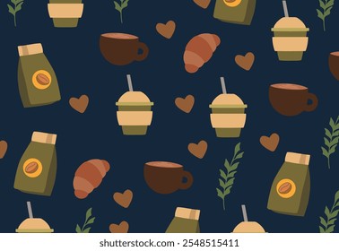 Coffee and leaves seamless pattern