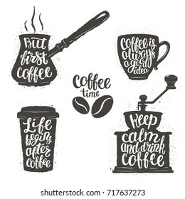 Coffee lettering in cup, grinder, pot shapes. Modern calligraphy  quotes about coffee. Vintage coffee objects  set with handwritten phrases. 