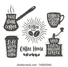 Coffee lettering in cup, grinder, pot shapes. Modern calligraphy quotes about coffee. Vintage coffee objects set with handwritten phrases.