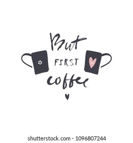 Coffee lettering and cups art. Vector, clipart, isolated details.