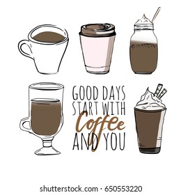 Coffee lettering and custom typography for your designs: t-shirts, bags, for posters, invitations, cards Vector illustration