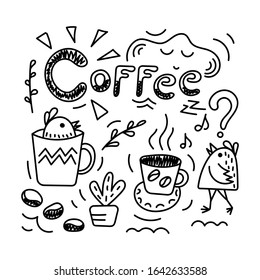 Coffee lettering. Doodle small funny birds, Sun, sleepy cloud, coffee beans and twigs . Hand-drawn illustration. Vector.
