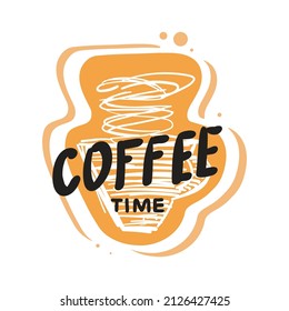 Coffee lettering, icon, sticker. Hand drawn coffee cup sketch doodle, sketched teacup, handdrawn hot drink mug logo, lable
