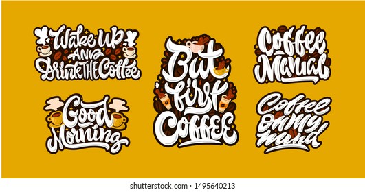 Coffee lettering illustration. Vector print. Bright calligraphy collection.
