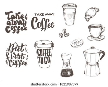 Ilustraciones con letras de café. Plantilla de banner de tipo de letra para el interior o la cocina del café. Diseño tipográfico de restaurante. Coffee citas de frases aisladas escritas a mano. Vector eps 10.