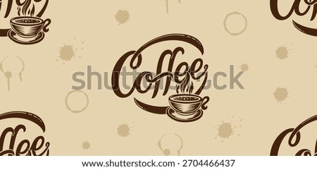 Coffee lettering pattern background with stains. Coffee Seamless Pattern for packaging, wrapping, textile.