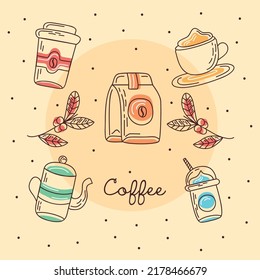 coffee lettering and seven set icons