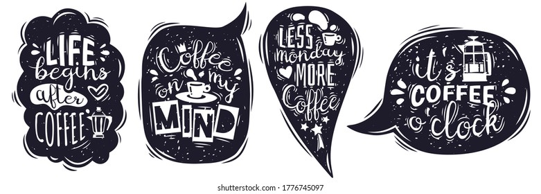 Coffee lettering speech bubbles emblems collection. Hand drawn in comic style vector illustration. Sketch speech bubbles with coffee quotes typography set