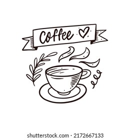 Coffee lettering text in ribbon and coffee mug vector art illustration