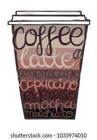 Coffee lettering. Vector coffee cup with types of coffee hand-written