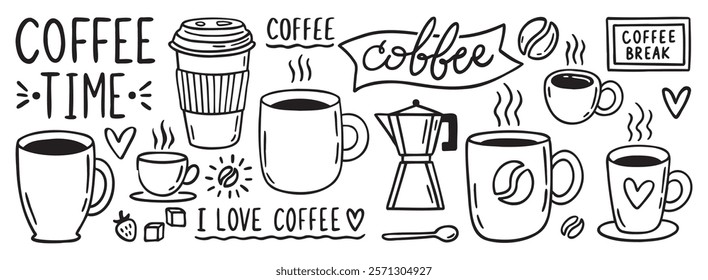 Coffee lettering word and coffee cup menu design doodle hand drawn icon set. Outline drawing Coffee word and coffee cup line clipart symbol. Vector illustration