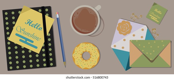 Coffee, letters, paper and Donuts on table. Top view