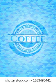 Coffee light blue emblem with triangle mosaic background