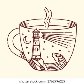 Coffee and lighthouse line illustration
