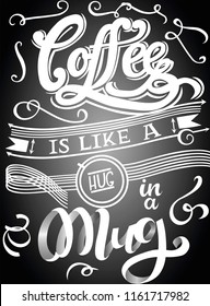 " Coffee is like a hug in a mug" vintage lettering handwritten chalkboard calligraphy poster. Can be used as printable or art for you cafe, restaurant, t-shirt, etc. 