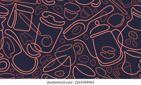 Coffee line abstract pattern. Vector outline seamless golden print on black background for cafe shop. Art cups, pot, grains. Aroma drink