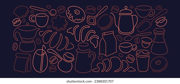 Impresión abstracta de línea de café. Granos de aroma, galletas dulces, croissant, macarones. Panadería vectorial y fondo de café