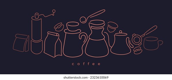 Coffee Line Art Design. Espresso-Tasse, Cappuccino, Kaffeemaschine und geröstete Bohnen abstrakte Grenze. Vektorbanner für Café-Menü, Shop