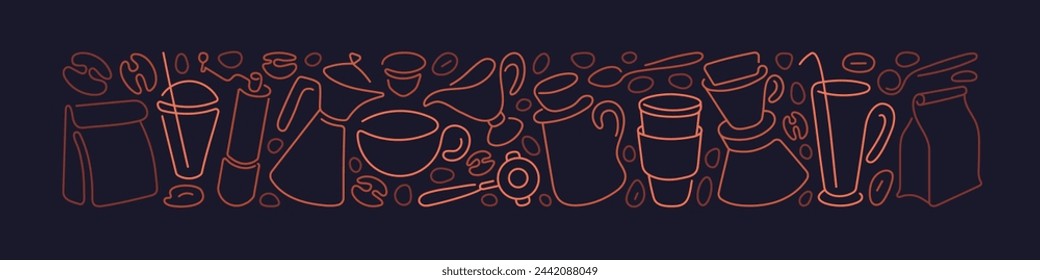 Banner de la línea de café. Taza de línea, barra abstracta, frijoles aroma. Doodle café borde en estilo minimalista. Herramientas de barista para hacer capuchino, espresso