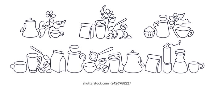 Coffee line barista sketch, bakery and dessert batch. Cafe design of cup, aroma beans, croissant. Vector border with breakfast food in doodle style