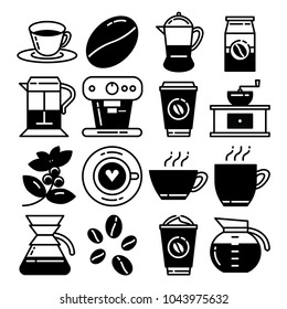 coffee line black and white icon set