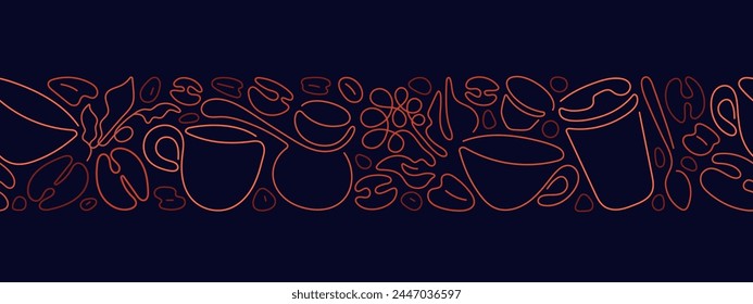 Coffee line border. Beans, hot cocktail, espresso cup, cappuccino line endless pattern. Vector illustration for cafe shop design, menu. Minimal golden sketch on black background