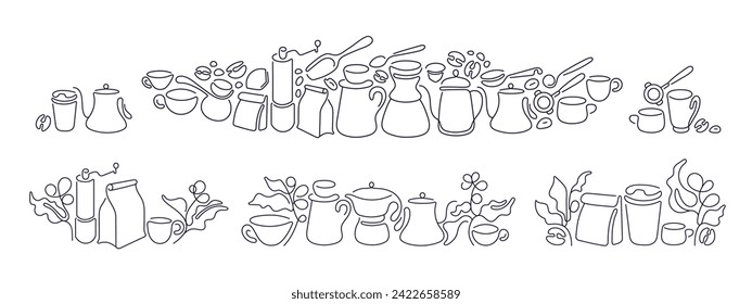 Coffee line design set. Espresso cup, cappuccino, coffee maker machine and abstract beans. Abstract vector symbols