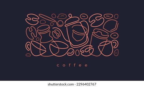 Diseño de línea de café Patrón de contorno vectorial. taza de espresso, cafetera, prensa y molino, judías asadas sobre fondo negro. Set de dibujos para el menú de café, tienda