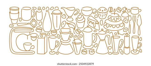 Coffee line doodle banner. Breakfast theme, croissant, raw bean, abstract silhouette of cups, glass. Vector template. Editable stroke. Minimal sketch illustration isolated on white background