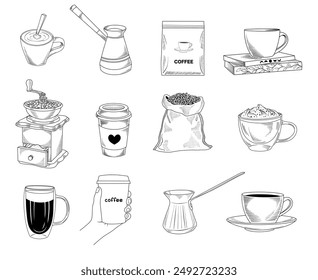 Ilustraciones de dibujo de línea de café, granos de café, taza, molinillo, turco dibujado a mano conjunto de Vector
