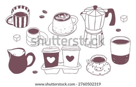 Coffee line drawing set, coffee making equipment, cups, tools, freestyle vector illustration Hand drawn coffee takeaway mugs , trendy aesthetic, for branding menus, packaging, posters and social media